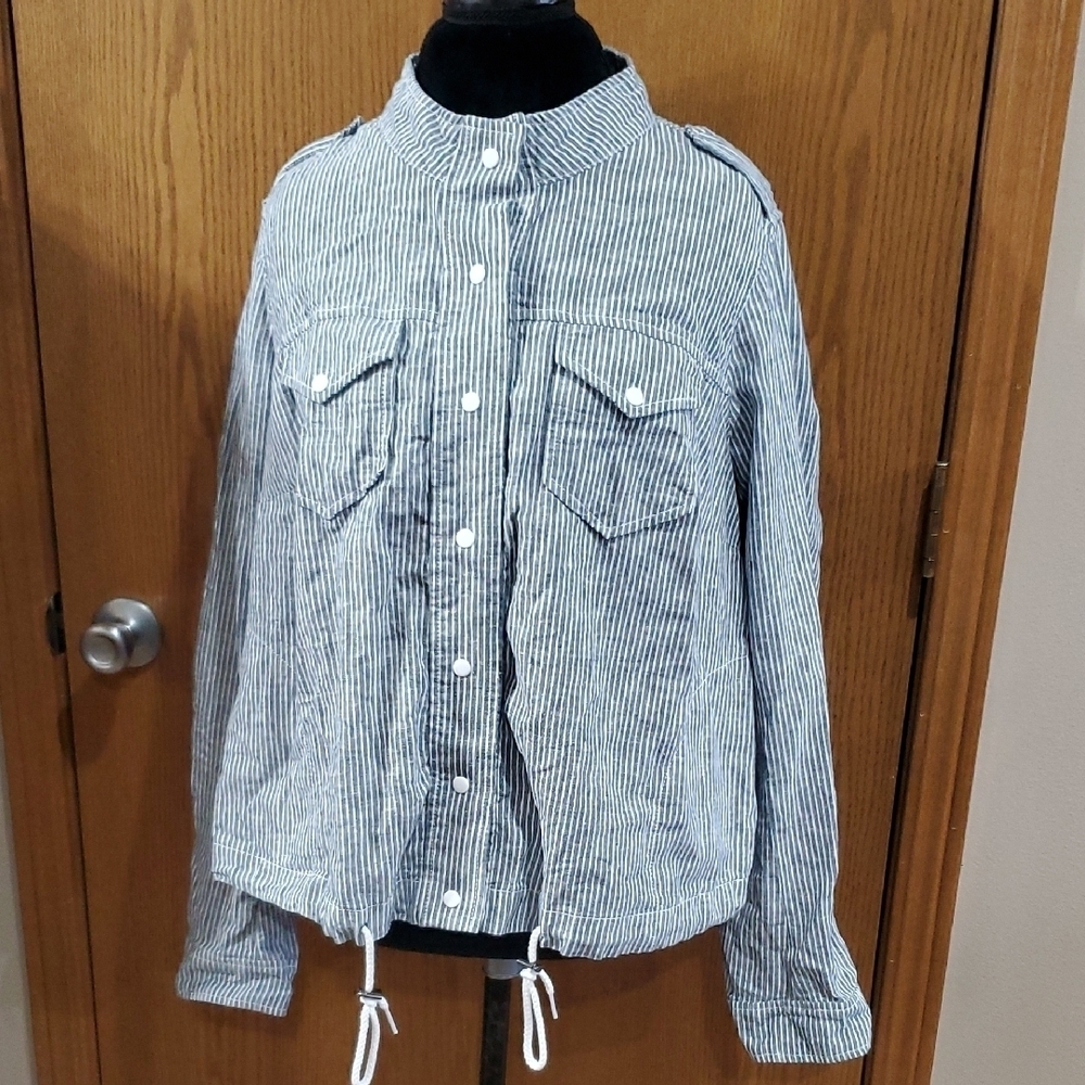 Lane Bryant Blue and White Utility Jacket with Relaxed Fit and High Collar
